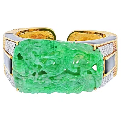 Pre-owned David Webb Carved Jade Cuff Bangle Bracelet In Green