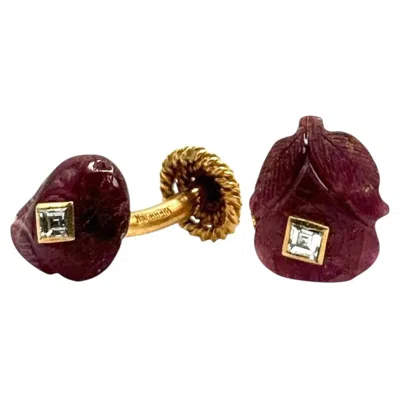 Pre-owned David Webb Carved Ruby & Diamond Cufflinks In 18k Yellow Gold, Circa 1970s