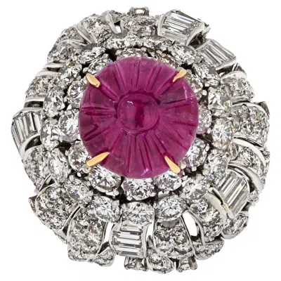Pre-owned David Webb Carved Ruby Bombe Cocktail Baguette And Round Cut Diamond Ring In Multi