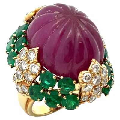 Pre-owned David Webb Carved Ruby Emerald And Diamond Ring In Green