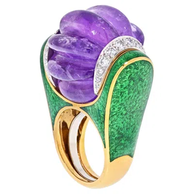 Pre-owned David Webb Carved Smooth Purple Amethyst, Green Enamel And Diamond Ring