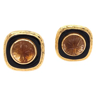 Pre-owned David Webb Carved Topaz And Black Enamel Earrings