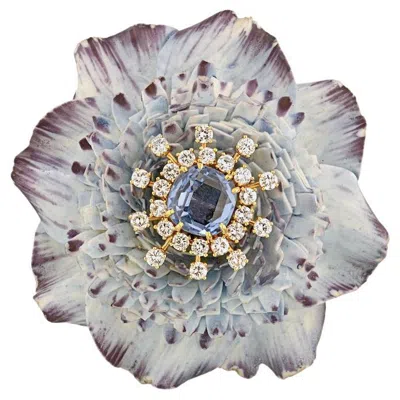 Pre-owned David Webb Circa 1950 Ceramic Flower Diamonds, Sapphires Vintage Brooch In Multi