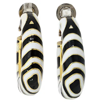 Pre-owned David Webb Classic Zebra Black And White Stripe Enamel Hoop Earrings