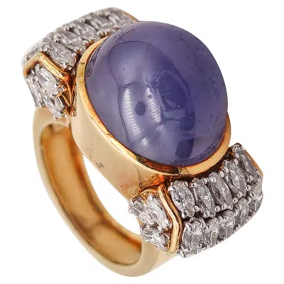Pre-owned David Webb Cocktail Ring In 18kt Platinum And 40.44 Cts Star Sapphire & Diamonds In Blue
