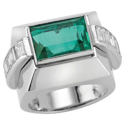 Pre-owned David Webb Colombian Emerald & Diamond Men's Ring In Green