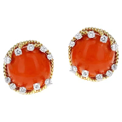 Pre-owned David Webb Coral Cabochon And Round Diamond Earrings In Red