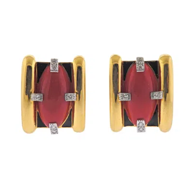 Pre-owned David Webb Coral Diamond Enamel Gold And Platinum Earrings In Red