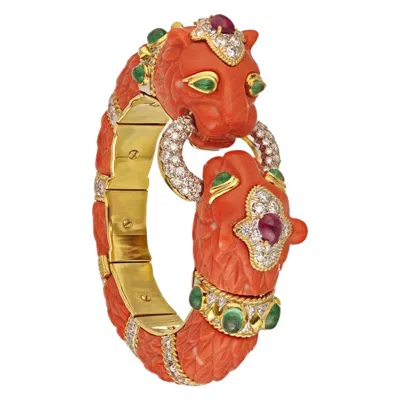 Pre-owned David Webb Coral Double Lion Head Bangle Bracelet In Red