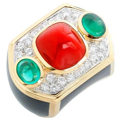Pre-owned David Webb Coral, Emerald, Diamond, Onyx, Gold Ring Size 7 In Multi