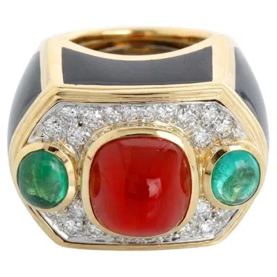 Pre-owned David Webb Coral Emerald Diamond Ring 18k In Red