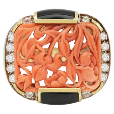 Pre-owned David Webb Coral Vintage Carved Floral Platinum & 18k Black Enamel Diamonds In Red