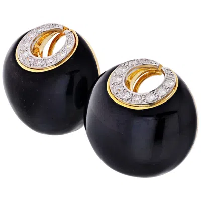 Pre-owned David Webb Crescent Platinum & 18k Yellow Gold Black Enamel & Diamonds Earrings