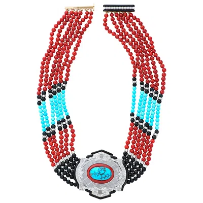 Pre-owned David Webb Crystal, Turquoise, Coral, Onyx, Enamel & Diamond Necklace Plat/18k In Multi