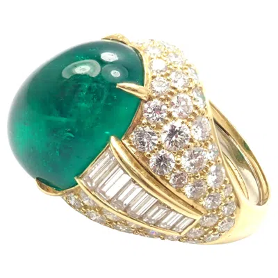 Pre-owned David Webb Diamond 17.91ct Large Colombian Cabochon Emerald Yellow Gold Ring Agl
