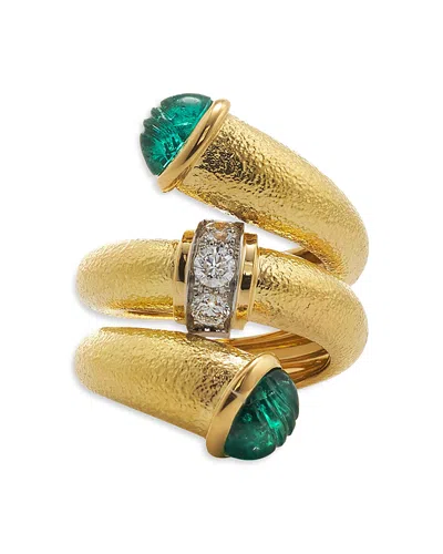 David Webb Diamond Carved Emerald Pipe Ring In 18k Yellow Gold & Platinum
