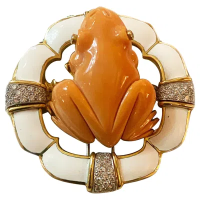 Pre-owned David Webb Diamond, Coral & White Enamel Frog Brooch