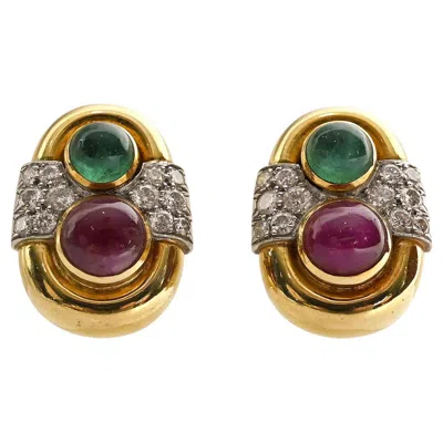 Pre-owned David Webb Diamond, Ruby And Emerald Earrings In Green