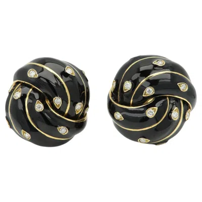 Pre-owned David Webb Earrings Black Enamel Diamond 18k Gold Vintage Ear Clips