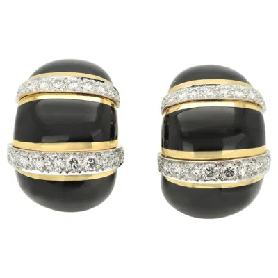 Pre-owned David Webb Earrings Black Enamel Diamond 18k Gold Vintage Ear Clips