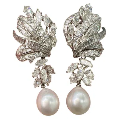 Pre-owned David Webb Earrings Platinum 10.90 Ctw Diamond & South Sea Pearl Drops In Multi