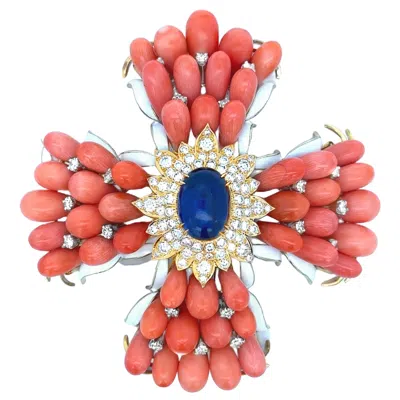 Pre-owned David Webb Elizabeth Taylor Maltese Cross Sapphire & Coral Enamel Brooch In Red