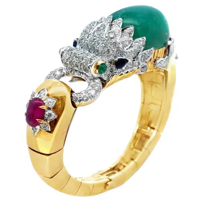 Pre-owned David Webb Emerald And Diamond Chimera Bangle Bracelet In Green