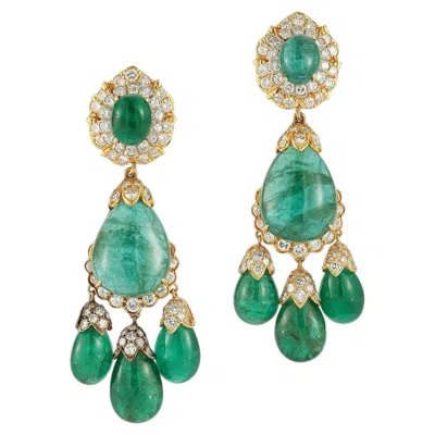 Pre-owned David Webb Emerald & Diamond Pendent Earrings In Green