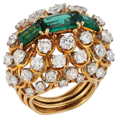 Pre-owned David Webb Emerald & Diamond Ring In Green
