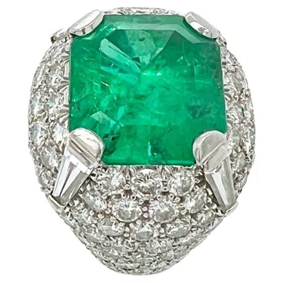 Pre-owned David Webb Emerald Diamond Ring In Green