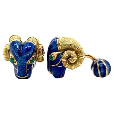 Pre-owned David Webb Emerald Enamel 18k Yellow Gold Rams Head Cufflinks