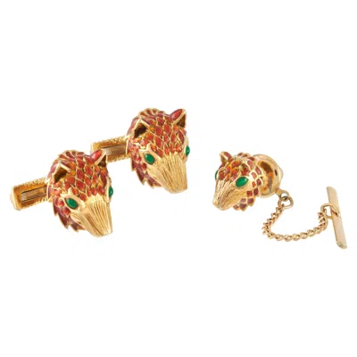 Pre-owned David Webb Enamel Fox Head Cufflink & Tie Tack Set In 18ky Gold With Certificate In Multi