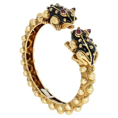 Pre-owned David Webb Frog 18k Yellow Gold Double Head Clamper Cuff Bangle Bracelet