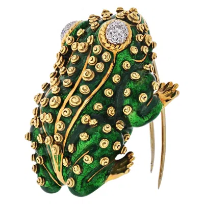 Pre-owned David Webb Frog Platinum And 18 Karat Gold Green Frog, Enamel, Diamonds Brooch
