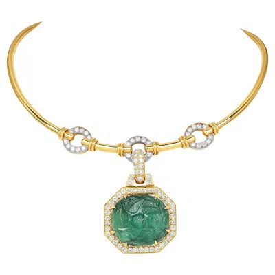 Pre-owned David Webb Gia 68.75 Carat Carved Emerald Diamond 18k Pendant Necklace In Green