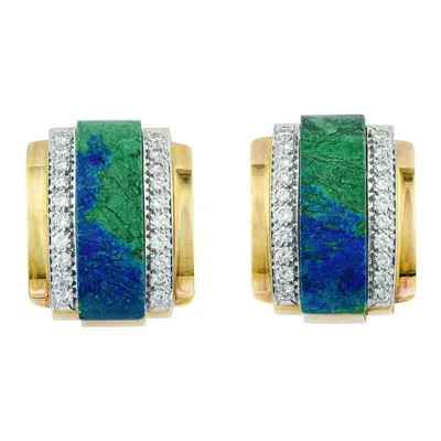 Pre-owned David Webb Gold And Azurmalachite Diamond Clip Earrings In Multi