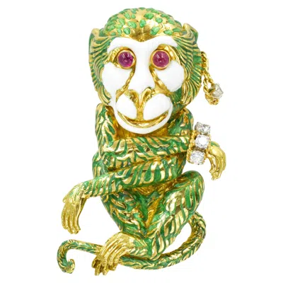 Pre-owned David Webb Gold And Enamel "gypsy Monkey" Brooch In Multi