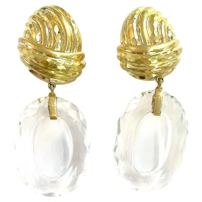 Pre-owned David Webb Gold And Rock Crystal Drop Ear Clips By A. Clunn In Multi