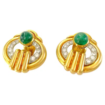 Pre-owned David Webb Gold Emerald And Diamond Ear Clips By  In Green