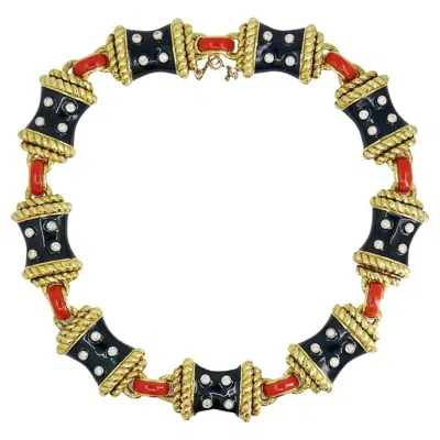 Pre-owned David Webb Gold Necklace Black Enamel Diamond Coral Stud Estate Jewelry In Red