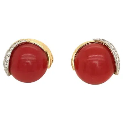 Pre-owned David Webb Gold Round Coral Pave Diamond 18 Karat And Platinum Pierced Earring In Red