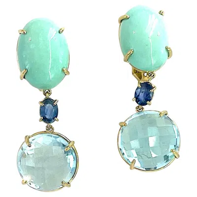 Pre-owned David Webb Gold Turquoise Sapphire And Topaz Drop Ear Clips By A. Clunn In Blue
