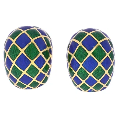 Pre-owned David Webb Green And Blue Checkerboard Enamel Clip-on Earrings