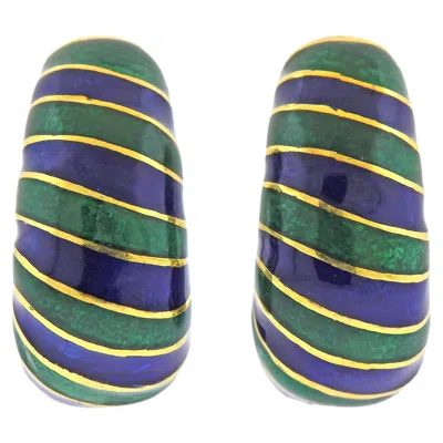 Pre-owned David Webb Green Blue Enamel Gold Half Hoop Earrings