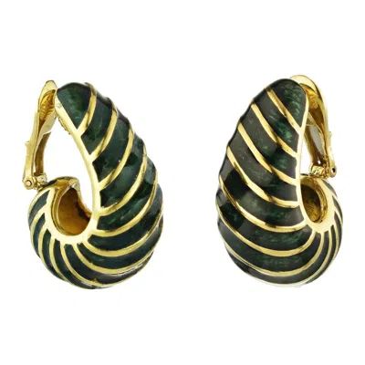 Pre-owned David Webb Green Enamel Gold Half Hoop 18 Karat Yellow Earrings