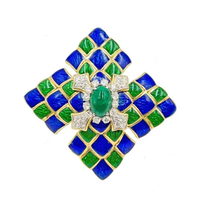 Pre-owned David Webb Green-blue Enamel Emerald Diamond Pendant Brooch