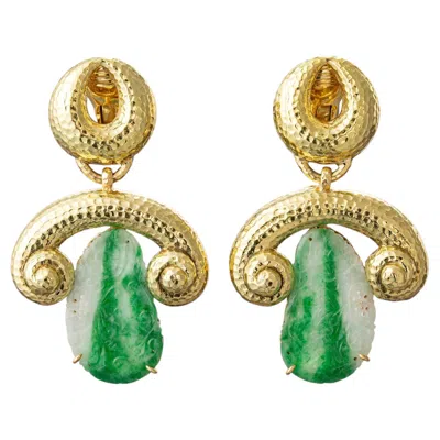 Pre-owned David Webb Hammered 18k Yellow Gold Jade Drop Earrings