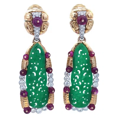 Pre-owned David Webb Jade Ruby And Diamond Earrings In Green