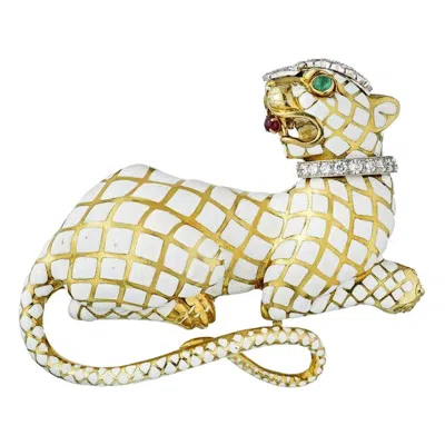 Pre-owned David Webb Kingdom White Enamel Panther With Diamond Collar Vintage Brooch