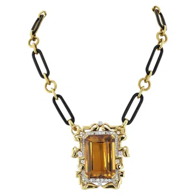 Pre-owned David Webb Large Topaz And Diamond Pendant On A Black Enamel Link Necklace